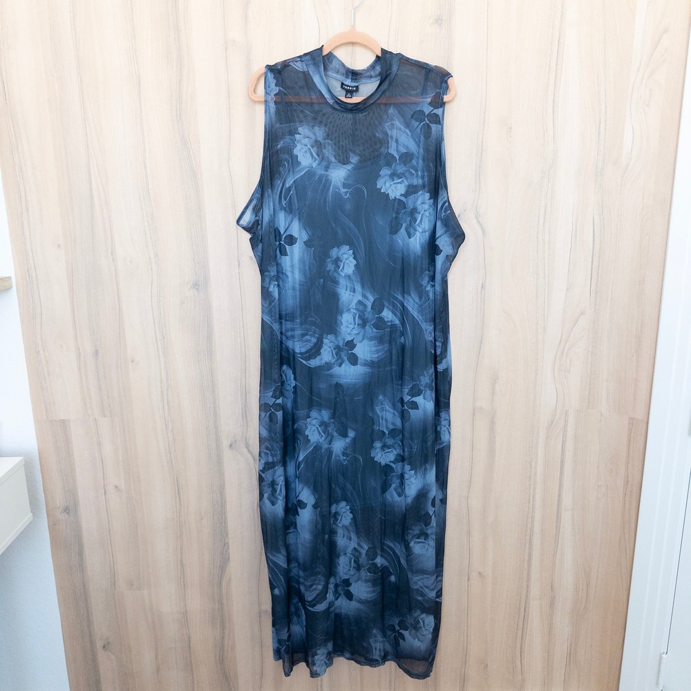 Torrid Mesh Maxi Dress 4 Blue Floral Mock Neck Sleeveless Stretch Goth Romantic